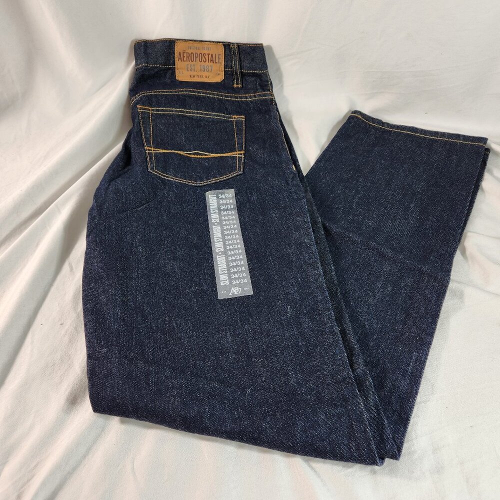 Aeropostale Women's Slim Straight Jeans 34 x 34 Mid-Rise Dark Blue NEW Fast Ship
